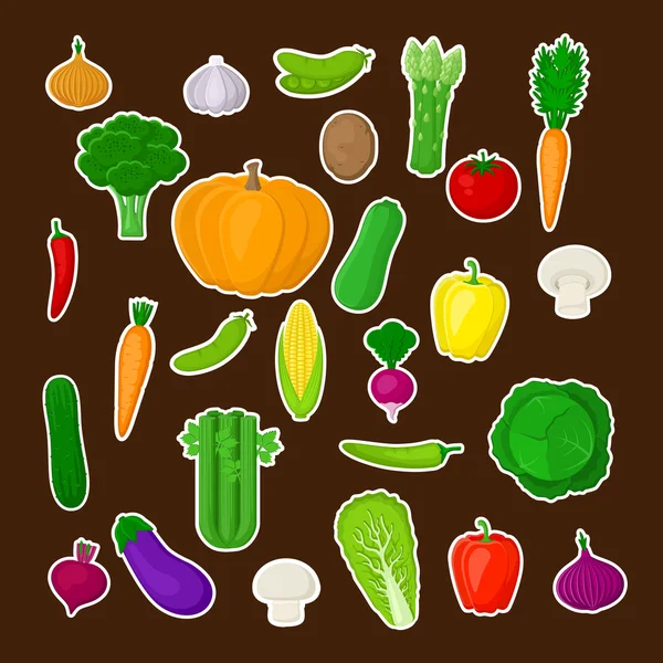 Gran conjunto de coloridas verduras con trazo blanco sobre un fondo oscuro. — Vector de stock