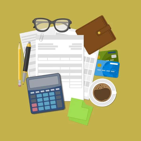 Concepto de pago de impuestos y facturas. Cartera, tarjetas de crédito, calculadora, pluma, lápiz, café, gafas, pegatinas para notas. — Vector de stock