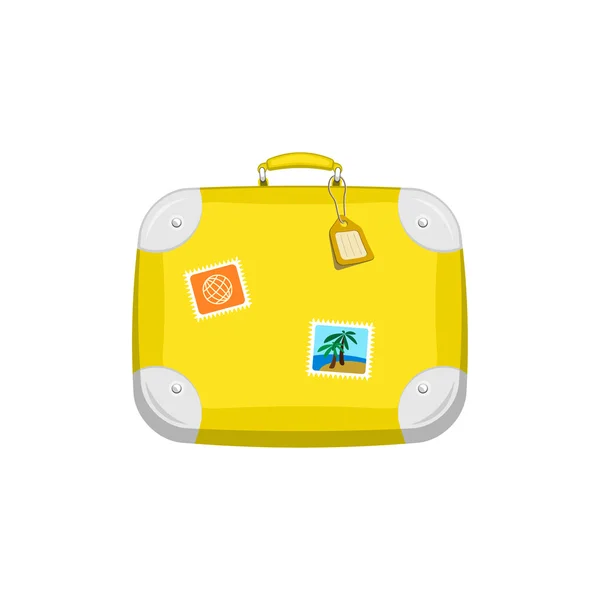 Gele reizen tas koffer met stickers op geïsoleerde witte achtergrond. — Stockvector
