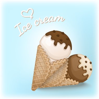 Vanilyalı ve çikolatalı dondurma waffle koni içinde çikolata ve krema tepesi ile. 