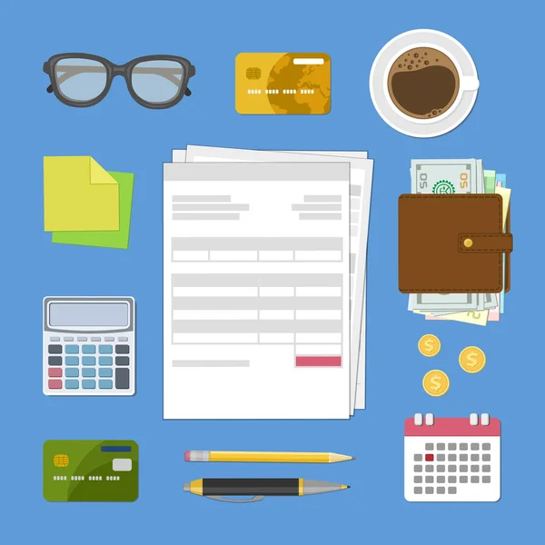 Concept of tax payment and invoice. Bills and checks, glasses, credit bank cards, wallet with cash money, calculator, stickers, pencil, pen, calendar, gold coins, coffee cup. — vektorikuva