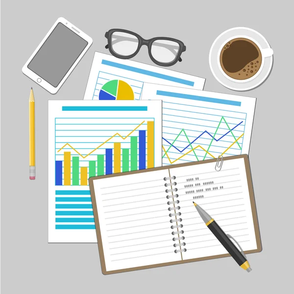 Listy papíru s analytické grafy a tabulky. Finanční Audit koncepce, Seo analytics, daňové kontroly, pracující, management. — Stockový vektor