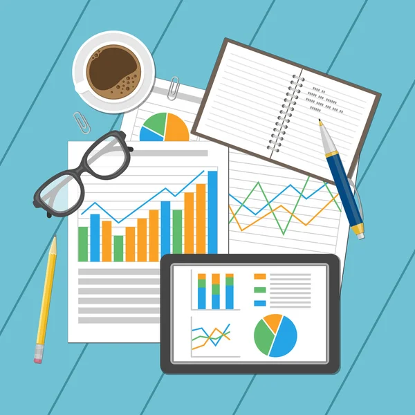 Obchodní analytické koncept. Plánování a účetnictví, analýzy, finanční audit, seo analýza, pracující, management. — Stockový vektor