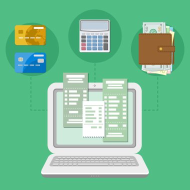Bill bir bilgisayar veya bir dizüstü bilgisayar üzerinden vergi ödeme hesapları kavramı. Online ödeme. Dizüstü ekran kontrolleri ile. Banka kartı havalesi.