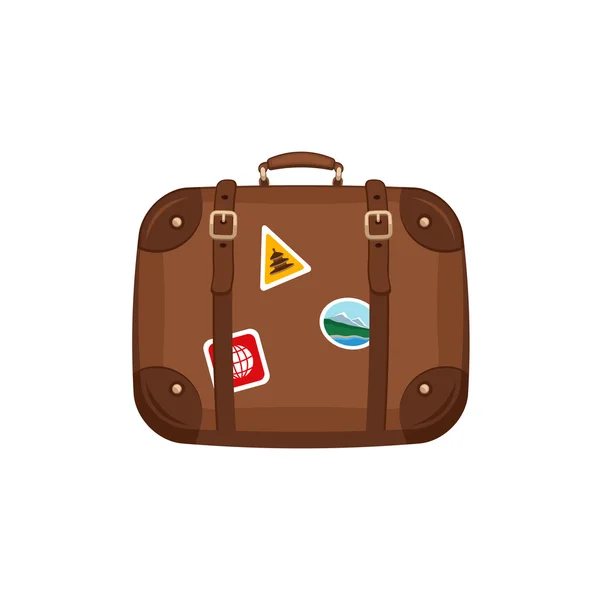 Travel bag koffer met stickers op geïsoleerde witte achtergrond. Handvat bagage van de reis van de zomer. Reizen van apparatuur. — Stockvector