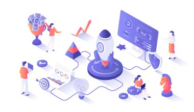 Proje Başlatma. Yeni başarılı bir proje başlatılıyor. Fikir, analiz, planlama, strateji ve başarı. Web grafiği için insan sahnesiyle izleyici illüstrasyonu.