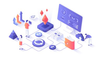 Kriptodan dolar takas platformuna. Kripto para değişimi ve engelleme zinciri. Para piyasası, finans ticareti, analitik. Web grafiği için insan sahnesiyle izleyici illüstrasyonu.