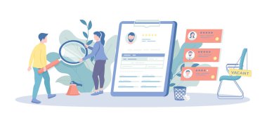 İşe alım, işe alım, yeni bir boşluk. Yeni eleman aranıyor. İnsan Kaynakları yöneticileri serbest çalışanların, iş adaylarının derecelerine bakar. Web için karakter durumu olan vektör illüstrasyonu.