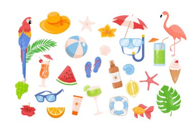 Yaz plajı düz tasarımda grafik elementler oluşturur. Palmiye yaprağı, çiçekler, flamingo, papağan, karpuz, kokteyl, can simidi, meyve, japon balığı ve diğerleri. Vektör illüstrasyonu izole nesneler.
