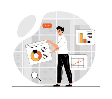 Finansal veri analizi, analitik kavramı. Adam grafikleri, çizelgeleri, iş panelini analiz eder, bir rapor hazırlar. Web sitesi ve mobil geliştirme için insanların düz tasarım sahnesi.