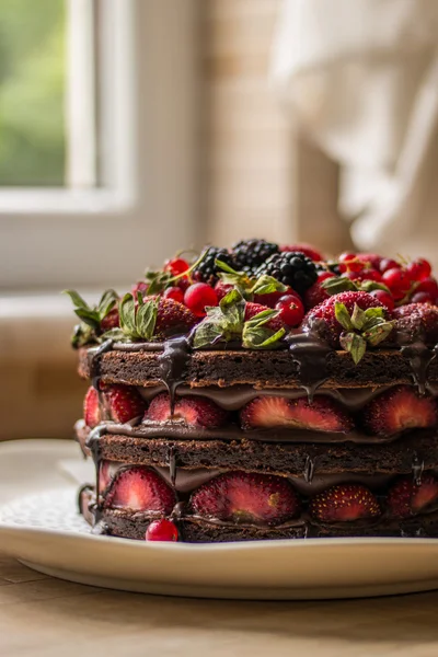 Jordbærkage med brombær, mulberry og mørk chokolade - Stock-foto