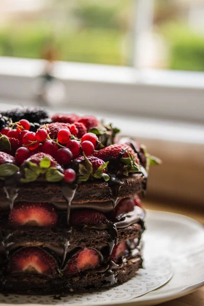 Bolo de morango com amora, amora e chocolate escuro — Fotografia de Stock