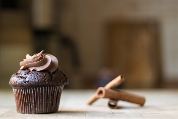 Chocolate cupcake with cinnamon sticks.
