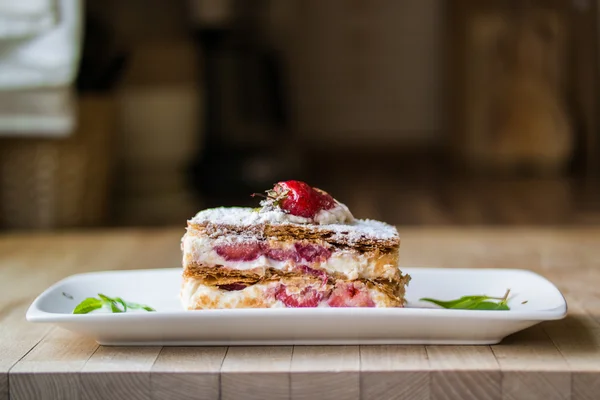 Strawberry puff mille-feuille with cherry — Stock Photo, Image