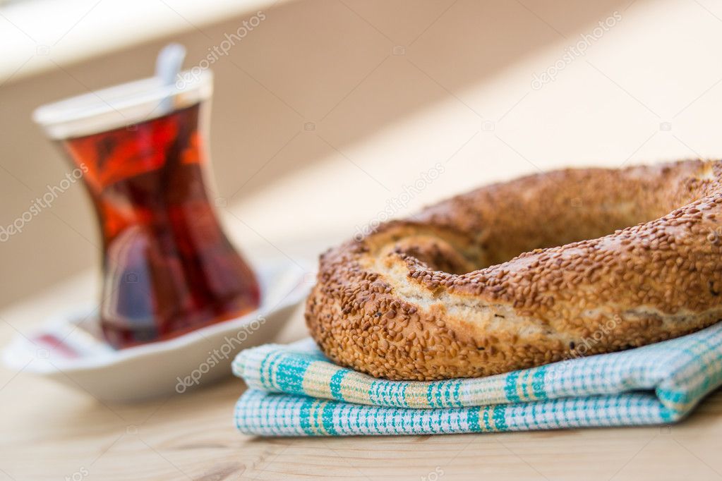 Simit with tea / Turkish Bagel.