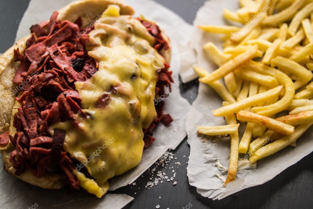 Kumru Sandwich with sausage, ham, cheddar and potatoes, — Stock Photo © Alp_Aksoy 121710480