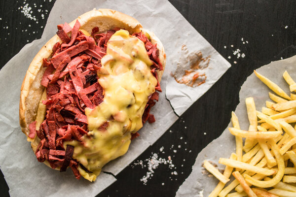 Kumru Sandwich with sausage, ham, cheddar and potatoes, (Fast food concept.)