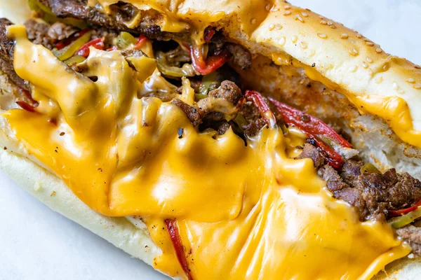 Philly Cheese Steak Sandwich Melted Cheddar Cheese Macro Close View — Stock Photo, Image