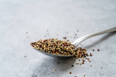 Raw Mix Tricolor / Three Color Quinoa in Spoon. Kullanmaya Hazır.