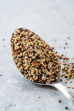 Raw Mix Tricolor / Three Color Quinoa in Spoon. Kullanmaya Hazır.