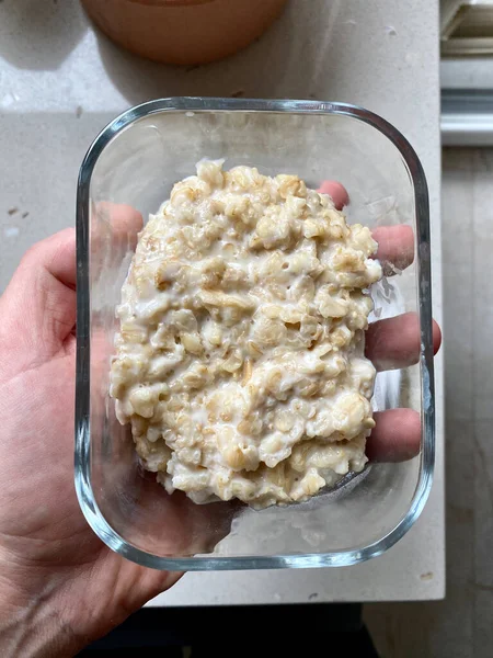 Plain Oatmeal Porridge Glass Bowl Hand Hold Ready Eat Serve — Stock Photo, Image