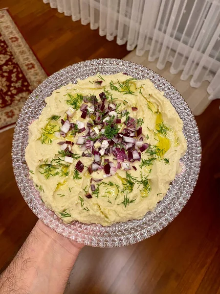 Taditional Fava Olive Oil Cube Red Onions Mashed Broad Beans — Stock Photo, Image