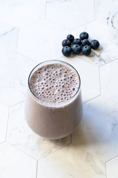 Homemade Smoothie Fresh Blueberries Marble Surface Ready Drink — Zdjęcie stockowe