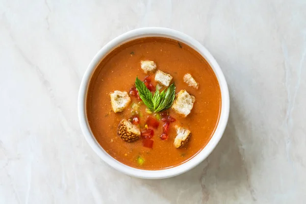 Gazpacho Kalte Suppe Spanisches Püree Mit Croutonbrot Gaspacho Traditionelle Lebensmittel — Stockfoto