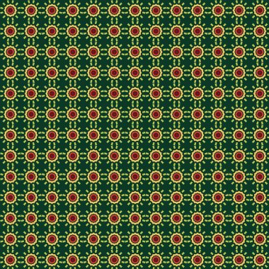 Detaylı çiçek deseni koyu yeşil arkaplanlı. Kırmızı ve sarı renkli, yeşil aksanlı, arka plan ve tasarımlar için ideal çiçek şekilleri var.