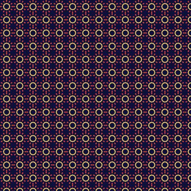 Radyal çizgiler ve turuncu şekillerle çevrili, arka plan ve tekstil için uygun koyu mavi arkaplan üzerinde, geometrik, dikişsiz bir desen.