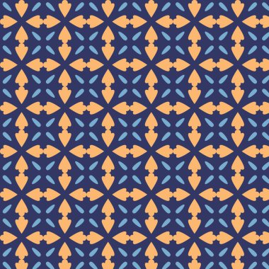 Tekrarlayan bir geometrik desen şeftali desenli çiçek şekillerini bir ızgarada daha küçük açık mavi gözyaşı damlası ya da yaprak şekillerinin yanında düzenler. Hepsi derin bir lacivert arkaplan oluşturarak süslemeli bir tasarım oluşturur.