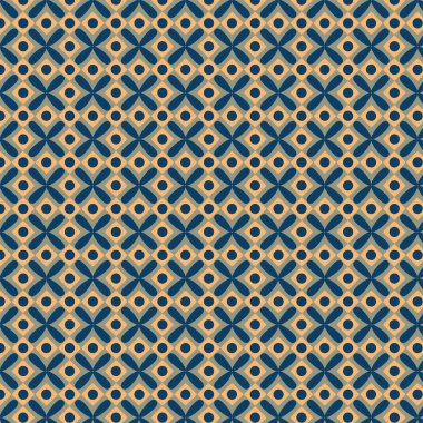 Turuncu kare kiremitler içindeki lacivert çiçeklerin ve noktaların arka plan ve tekstil için harika olan sessiz gri bir zemine karşı dizildiği tekrarlı, pürüzsüz bir desen.