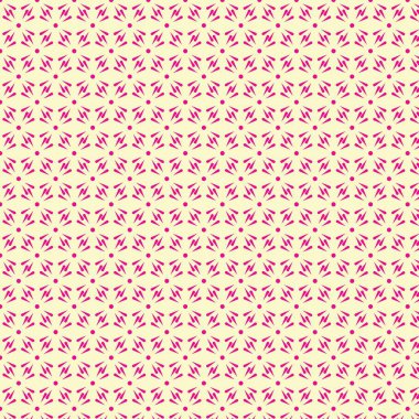 Bu, açık sarı arkaplan üzerinde pembe geometrik şekiller içeren soyut çiçek elementlerinin tekstil veya duvar kağıdı tasarımı için ideal olduğu kusursuz bir vektör deseni.