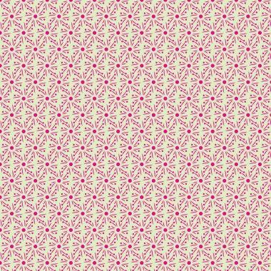 Açık yeşil bir zemin üzerine dizilmiş noktalardan ve yayılan çizgilerden oluşan biçimlendirilmiş pembe çiçekleri içeren tekrarlayan pürüzsüz bir desen. Kalıp yoğun ve eşit dağılmış.