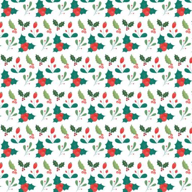 Çobanpüskülü böğürtlen ve yapraklardan oluşan tekrarlanan bir şölen tasarımları için mükemmel bir noel temalı arka plan oluşturur