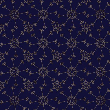 Koyu mavi bir zemin üzerinde altın rengi çiçekleri ve geometrik şekilleri barındıran sofistike, pürüzsüz bir desen. Lüks bir zemin oluşturuyor.