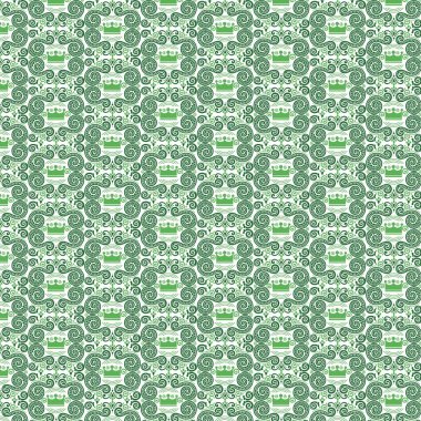 Karmaşık girdap tasarımları ve taç simgelerini içeren ayrıntılı, pürüzsüz desen beyaz bir arka plana karşı görsel olarak çekici bir doku yaratıyor.