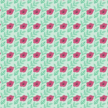 Çiçekler gibi pembe amber çiçekleri ve açık yeşil arkaplan boyunca sıralanmış yeşil yapraklarla kusursuz bir duvar kağıdı tasarımı canlı bir desen oluşturur.