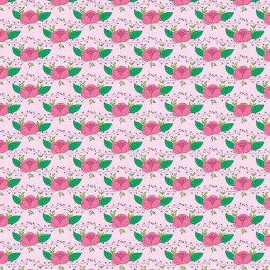 Pembe şakayık, yeşil yaprak ve arka plan ya da tekstil için uygun küçük böğürtlen içeren tekrarlanamayan çekici bir çiçek deseni.