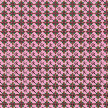 Tekrarlayan çiçek deseni, yeşil ve kırmızı çiçeklerle pembe arka planda küçük çiçek aksanıyla klasik ve dekoratif bir tasarım yaratıyor.