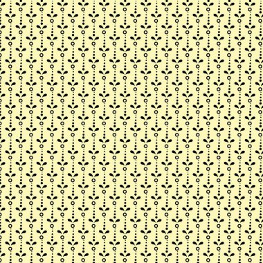 Hassas siyah çiçek elementleri ve dikey sırada dizilmiş küçük noktaların arka plan için ideal pastel sarı arkaplan üzerinde tekrar eden bir desen.