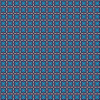 Çiçek ve yıldız şekilli mavi ve beyaz renkli elementleri içeren canlı geometrik desen ilginç bir tekrarlama dizaynı sağlıyor