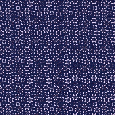 Tekrarlayan desen dizaynı, narin pembe çiçekler ve koyu mavi bir arkaplanda simetrik olarak dizilmiş küçük yıldızları içerir. Sakinleştirici ve zarif bir estetik sunar.