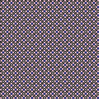 Bu pürüzsüz desen, siyah bir arkaplanda kare şeklinde tekrar eden bir çiçek deseni içerir. Çiçeklerin soluk pembe taç yaprakları ve mavi merkezleri vardır. Örtülerin beyaz çizgileri vardır.