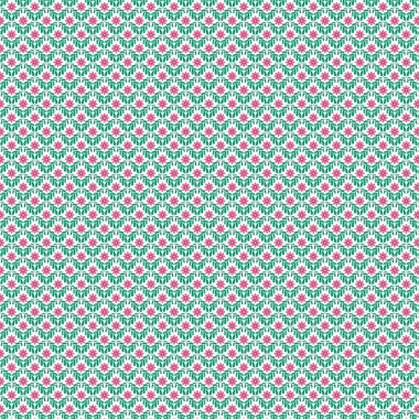 Beyaz arka planda küçük pembe çiçekler ve yeşil yapraklar içeren tekrarlanan tasarım