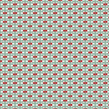 Beyaz zemin üzerinde kırmızı çiçeklerin ve yeşil sarmaşıkların tekrarlanan deseni