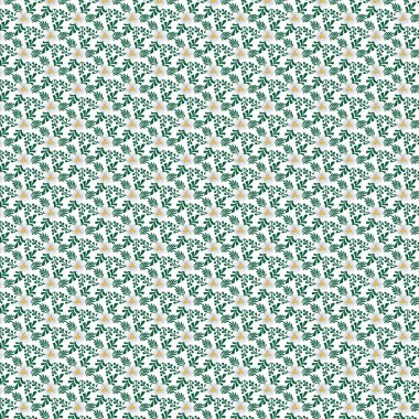 Beyaz bir yüzey üzerinde yaprakları ve çiçekleri olan çiçek motifleri tekrarlanıyor