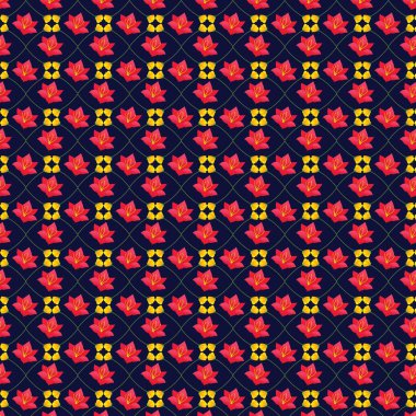 Kırmızı çiçekleri ve mavi arka planda sarı çiçekleri içeren tekrarlanan dizayn