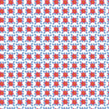 Sarı merkezli ve beyaz arkaplanda mavi yapraklı kırmızı çiçeklerin tekrarlanan deseni