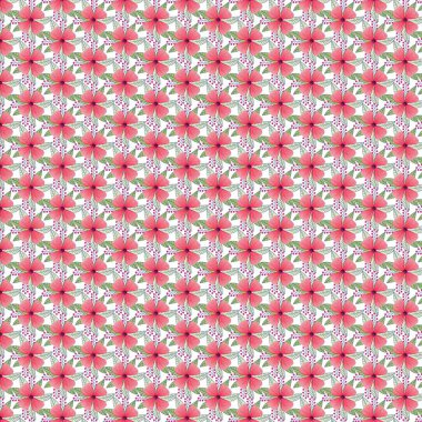 Beyaz arkaplanda pembe çiçekler ve yeşil yapraklar içeren tekrarlanan tasarım